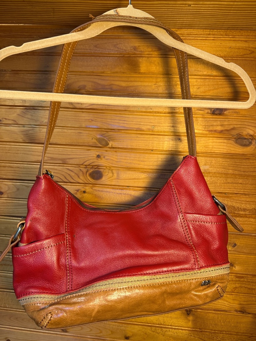 The Sak Red Leather Shoulder Bag with Brown Trim